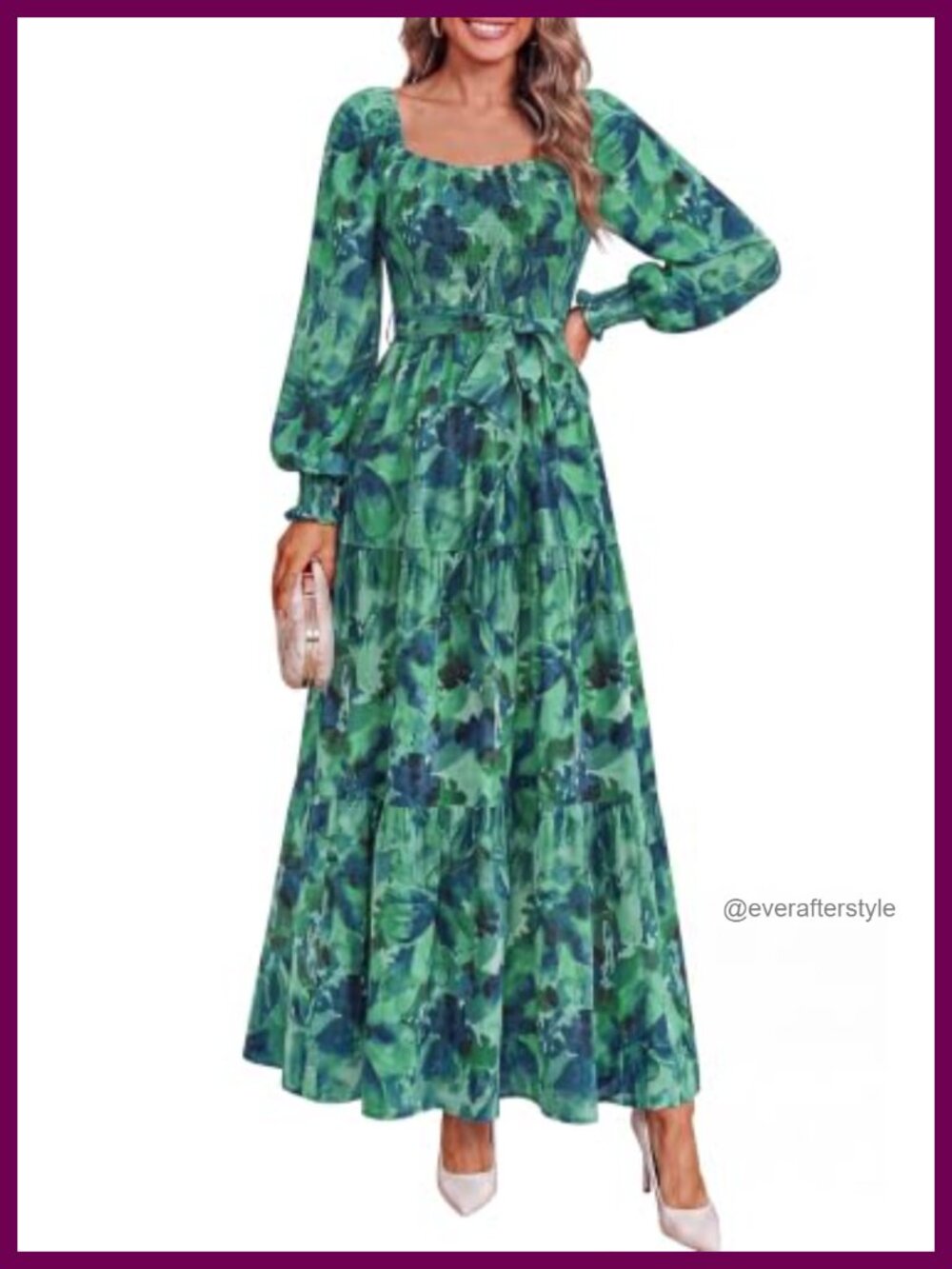 Women Long Sleeve Boho Floral Maxi Dress Smocked A-Line
